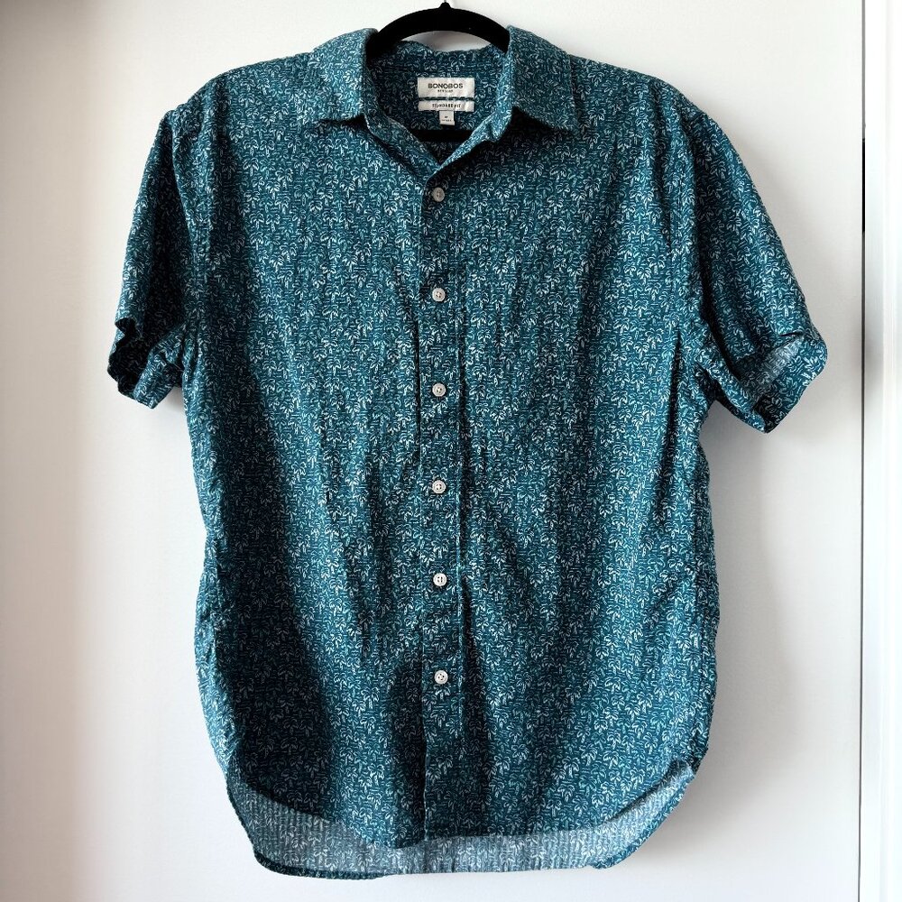 Bonobos Teal Palm Tree Print Short-Sleeved Button-Up Shirt — Medium
